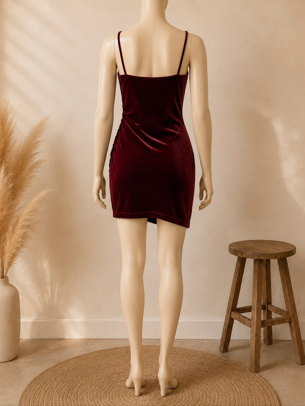 Mistyrose Burgundy Velvet Ruched Asymmetrical Mini Dress Size Large - Picture 3 of 4